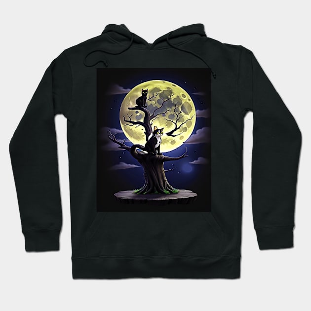 Vintage Black Cat On Scary Tree In Front of the Full Moon Halloween Hoodie by masterpiecesai